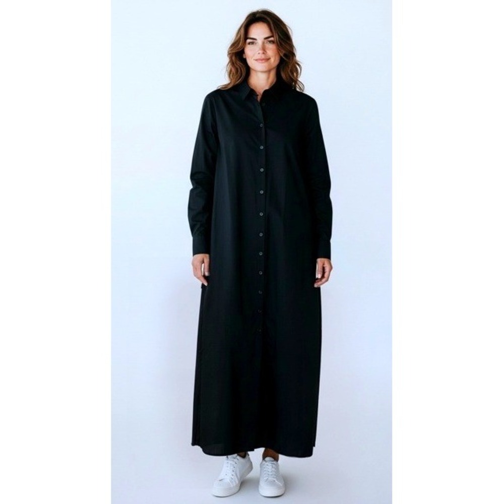 Natural Life Womens Black Shirt Dress Maxi Long Sleeve Cotton Button Front L/XL